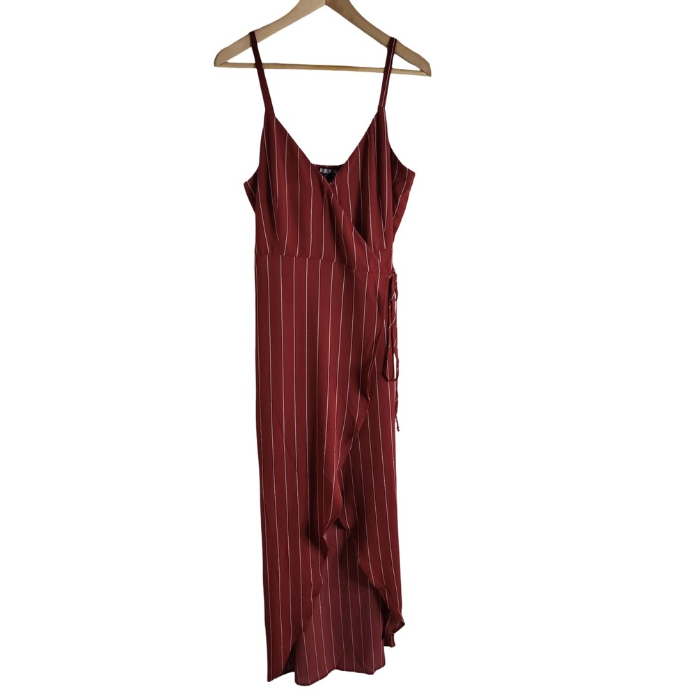 Paper Doll Burgundy Pinstripe Wrap Midi Dress High Low Ruffle L NEW Resortwear